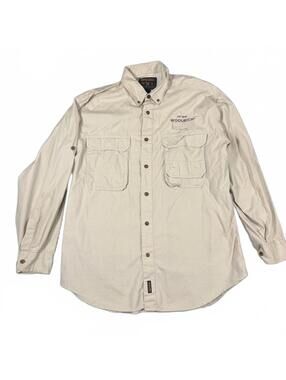 Woolrich Button Up Shirt Mens Large Beige Outdoor Utility Cotton Fishing Hiking